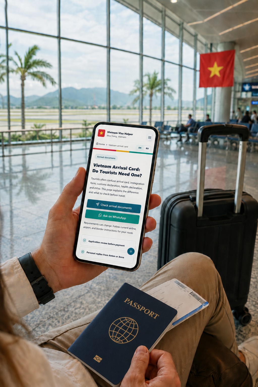 Traveler checking Vietnam arrival card requirements at the airport