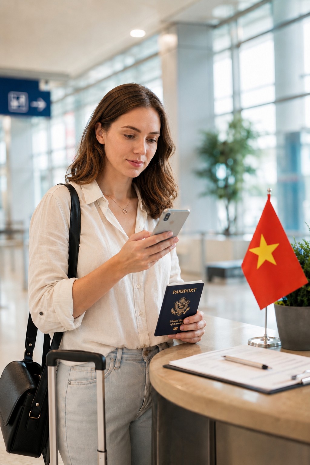 American traveler checking Vietnam health declaration requirements at the airport