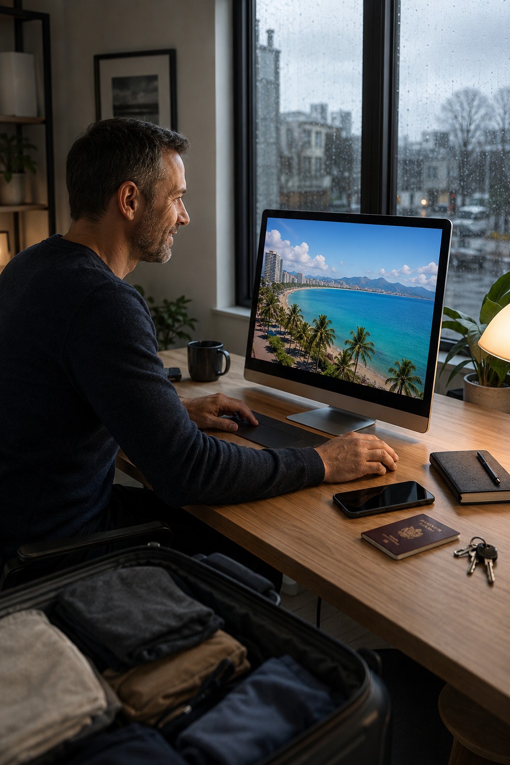 Man planning a move to Vietnam while viewing Nha Trang from a rainy apartment