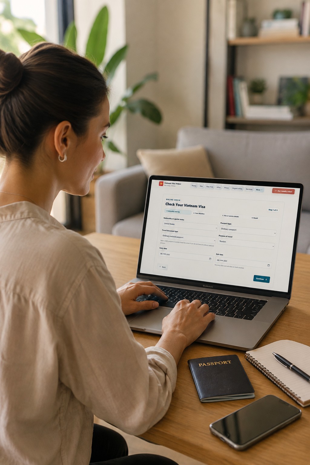 Woman checking her Vietnam visa situation on a laptop at home
