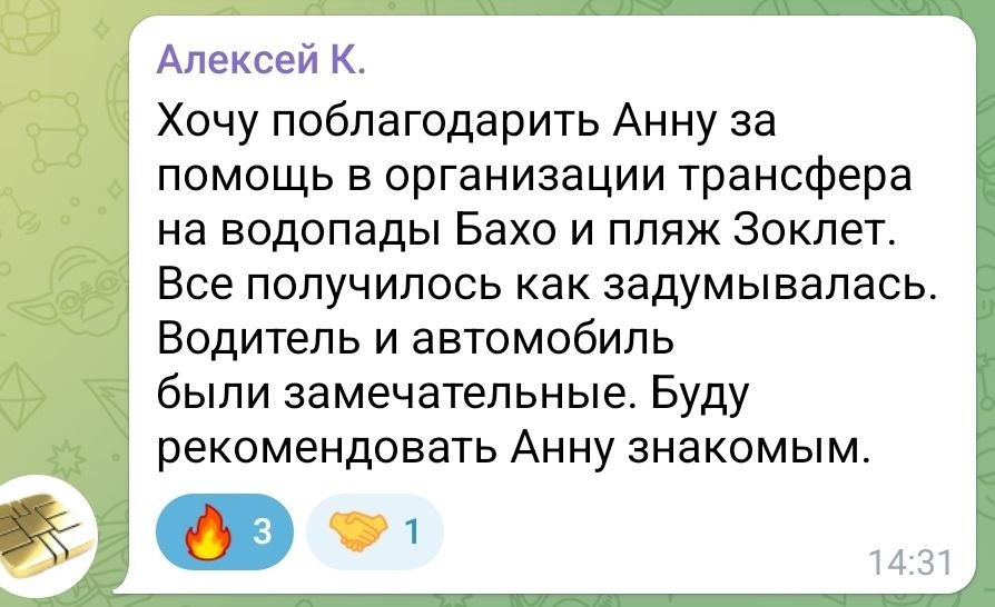 Скриншот отзыва о помощи с трансфером и поездками в Нячанге